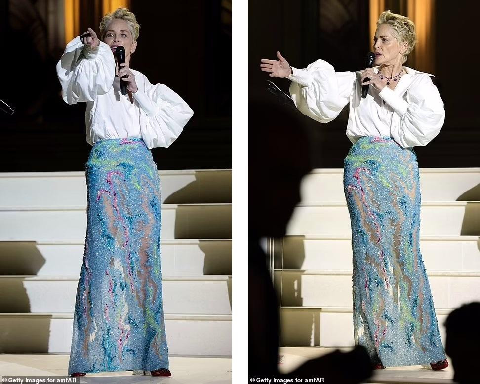 Sharon chứng tỏ là ngôi sao của amfAR Gala khi trong một đêm thay ba bộ váy.