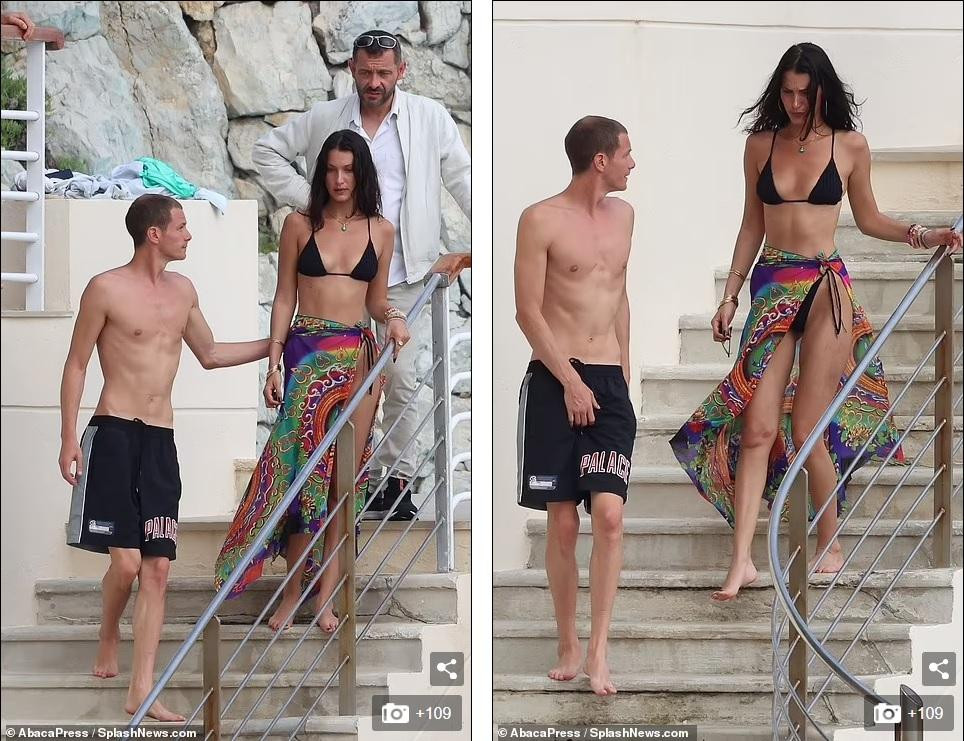 Chiều thứ Hai (12/7, giờ địa phương), Bella Hadid được nhìn thấy cùng bạn trai mới Marc Kalman và hội bạn đi tắm biển ở Antibes (Pháp).