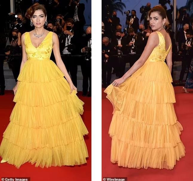 Nữ diễn viên người Mỹ Blanca Blanco tươi mới với đầm vàng xếp tầng bồng bềnh.