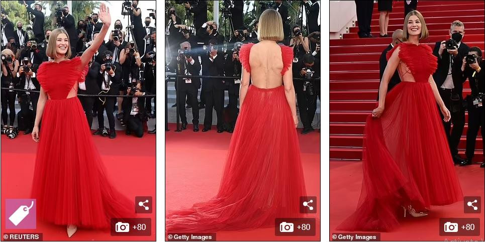 "Bông hồng gai" Rosamund Pike "nửa kín, nửa hở" trong bộ cánh bồng bềnh màu đỏ.