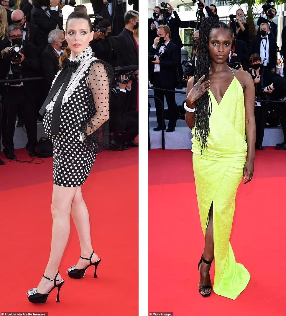 Nữ diễn viên người Pháp Roxane Mesquida mang bụng bầu lên thảm đỏ trong chiếc váy chấm bi đen và ngôi sao "OSS 117" Fatou nổi bật với váy vàng.