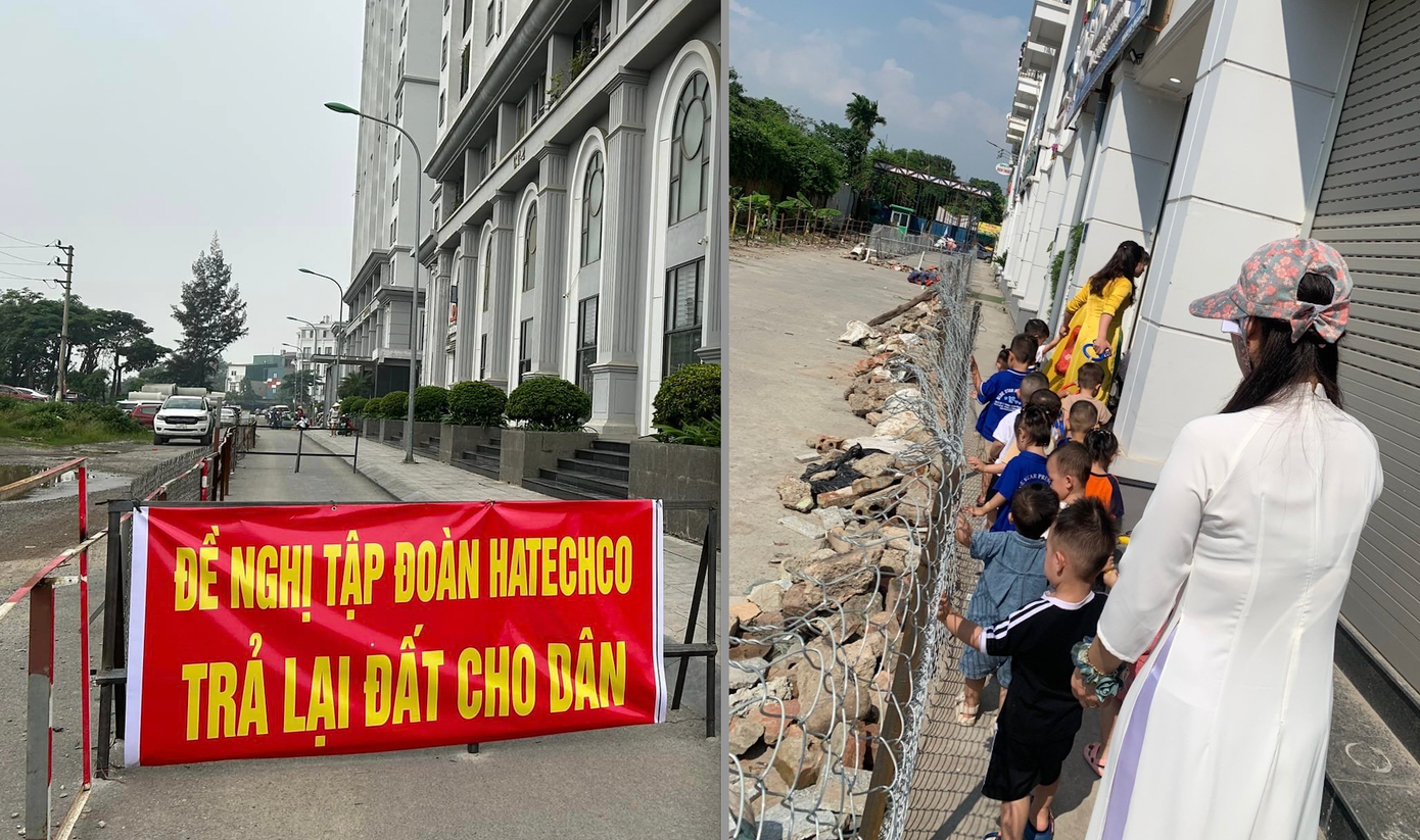 Con đường được coi là đường PCCC cạnh chung cư Hateco bị rào bằng thép và cọc sắt. Ảnh: CTV
