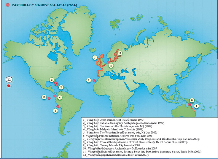 Bản đồ hiện trạng phân bố các vùng PSSA trên thế giới. Trong tổng số 12 PSSA được công nhận, có đến 4 PSSA đa quốc gia