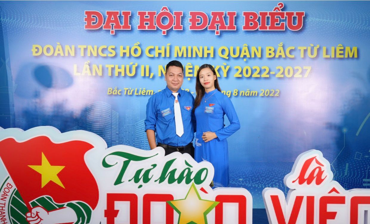 Lương và Hậu tại Đại hội Đoàn TNCS Hồ Chí Minh quận Bắc Từ Liêm, Hà Nội (nhiệm kỳ 2022-2027). Ảnh: NVCC