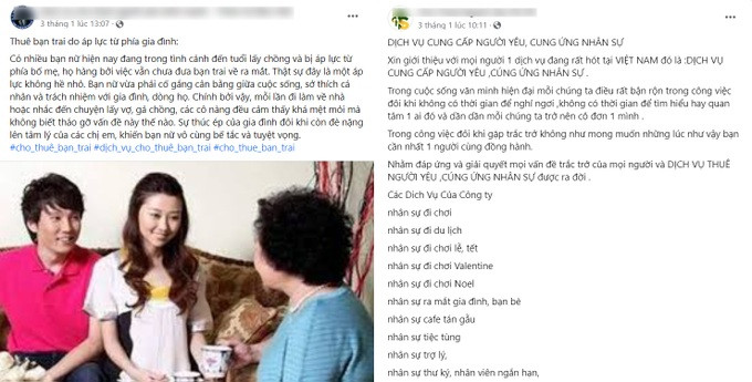 Dịch vụ cho thuê người yêu xuất hiện tràn lan trên mạng xã hội (Ảnh chụp màn hình).