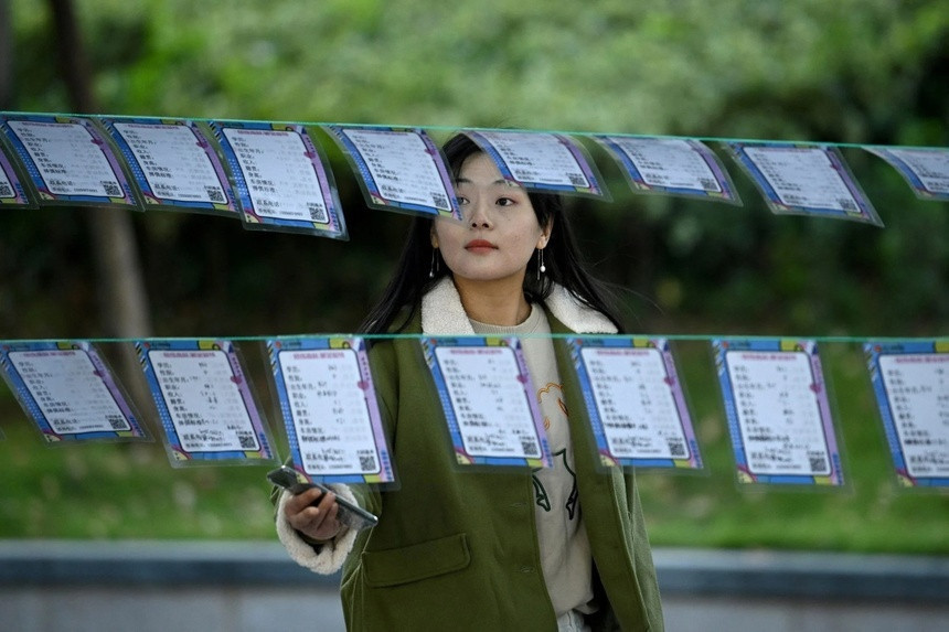 Một cô gái xem qua các hồ sơ tại một sự kiện mai mối ở Trung Quốc. Ảnh: AFP.