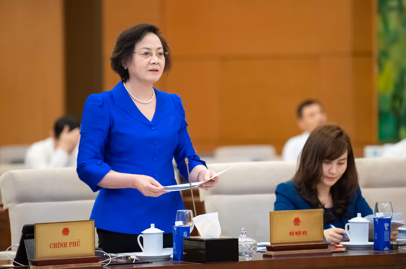Bộ trưởng Bộ Nội vụ Phạm Thị Thanh Trà tại phiên họp Ủy ban Thường vụ Quốc hội xem xét, thông qua nghị quyết sắp xếp đơn vị hành chính, ngày 14/4.