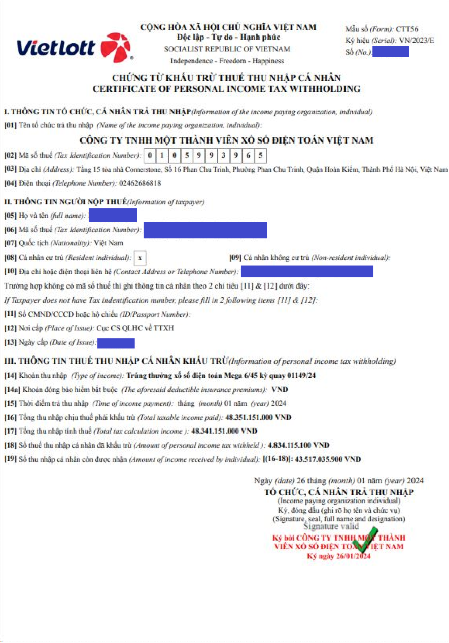 Hoá đơn nộp thuế thu nhập cá nhân của chị PV.