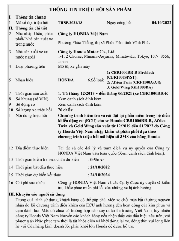 Thông tin triệu hồi được đăng tải trên website của Cục Đăng kiểm Việt Nam.