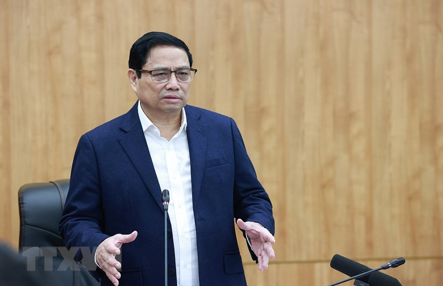 Thủ tướng Phạm Minh Chính phát biểu tại buổi làm việc với lãnh đạo chủ chốt tỉnh Hải Dương. (Ảnh: Dương Giang/TTXVN)