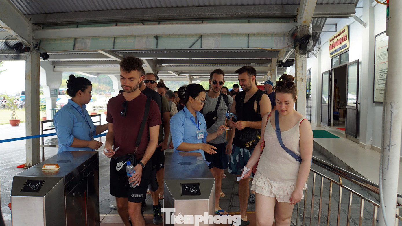 Ghi nhận của PV Tiền Phong tại bến tàu du lịch Cái Bèo, thị trấn Cát Bà, hàng trăm khách du lịch nước ngoài xếp hàng soát vé để lên tàu tham quan ngắm vịnh. Khách du lịch đi theo từng đoàn, từng nhóm hoặc theo tour tuyến đăng ký với các đơn vị kinh doanh dịch vụ trước đó.