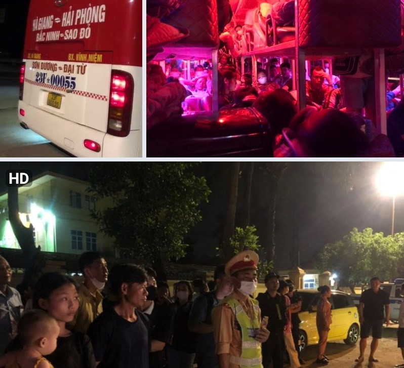 Cảnh sát kiểm tra xe khách nhồi nhét 90 khách. Ảnh: CSGT Hải Phòng