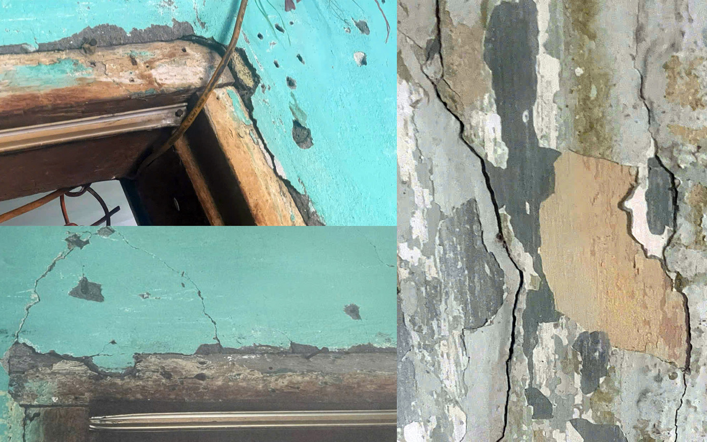 Bên trong căn biệt thự cổ 88-90 Điện Biên Phủ (Hải Phòng) xuất hiện nhiều vết nứt tường, vữa trát bở bong tróc. Bên trong căn biệt thự cổ 88-90 Điện Biên Phủ (Hải Phòng) xuất hiện nhiều vết nứt tường, vữa trát bở bong tróc.