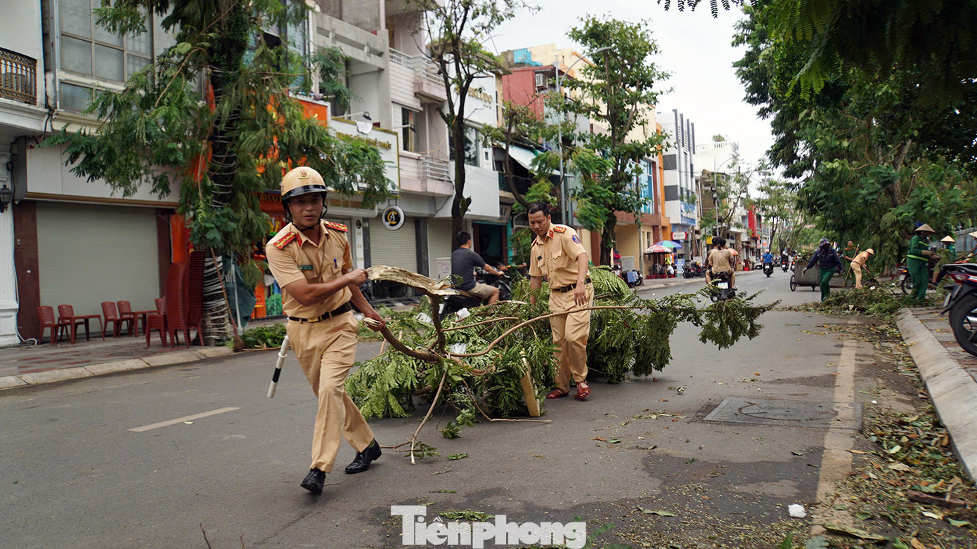 Công an quận Hồng Bàng cũng huy động hàng chục cán bộ, chiến sĩ Đội CSGT-TT hỗ trợ lực lượng môi trường, cây xanh thu dọn cành cây đổ gãy để các phương tiện di chuyển thuận lợi các tuyến phố trung tâm như: Đinh Tiên Hoàng, Hoàng Văn Thụ, Quang Trung - Trần Hưng Đạo...