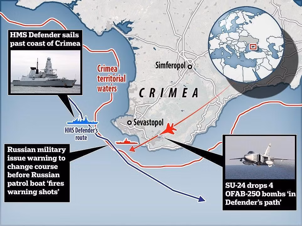 Đường đi của tàu khu trục HMS Defender (màu xanh) và lãnh hải Crimea (màu đỏ). Ảnh+ Daily Mail