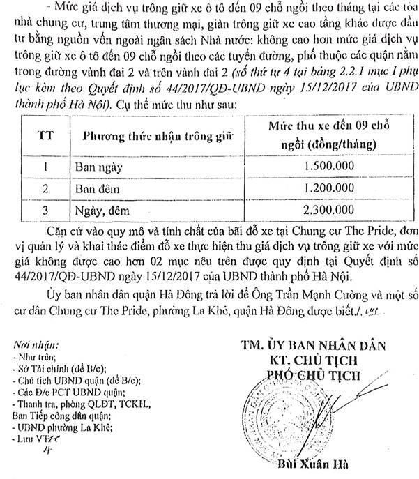 UBND Quận Hà Đông trả lời đơn đề nghị về giá dịch vụ trông giữ xe tại bãi đỗ xe chung cư The Pride.