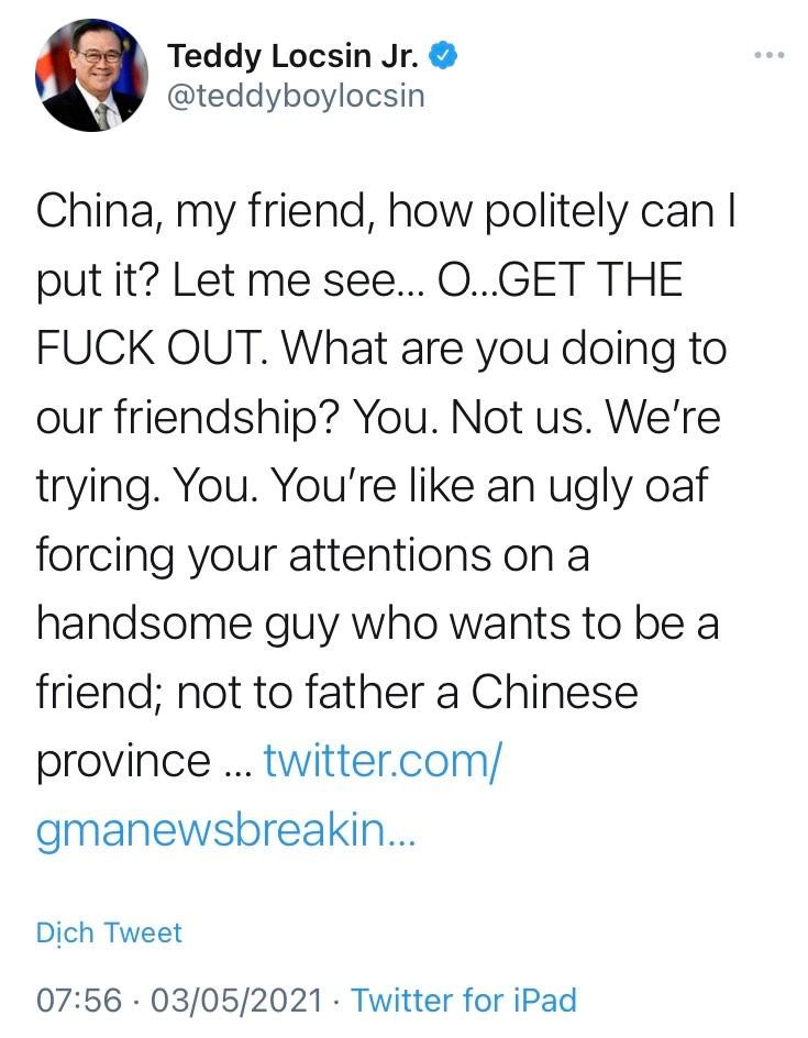 Tweet của Ngoại trưởng Philippines Teodoro Locsin về Trung Quốc Tweet của Ngoại trưởng Philippines Teodoro Locsin về Trung Quốc