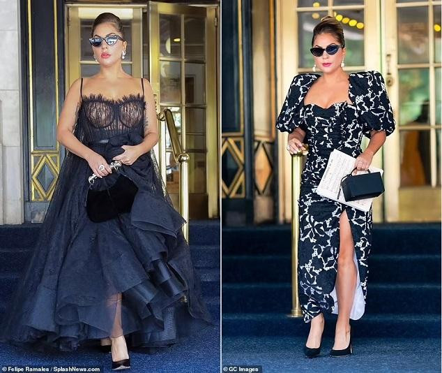 Ngày 28/6, Gaga xuất hiện trong bộ đầm ren xuyên thấu thuộc bộ sưu tập Xuân Hè 2021 của Alexander McQueen (trái). Trước đó một ngày, cô diện váy tay phồng của Giuseppe di Morabito thêu hoa, phối bông tai Oscar de la Renta, nhẫn kim cương của Ana Khouri, giày gót nhọn cổ điển hiệu Giuseppe Zanotti và một chiếc clutch Mark Cross.