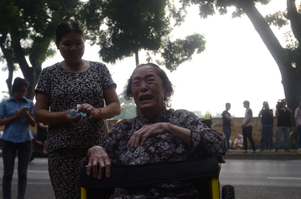 Cụ Nguyễn Thị Hòa 87 tuổi ở Đặng Dung, Hà Nội đi xe lăn đến viếng Đại tướng