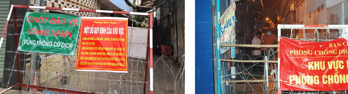 Dù đã được "Giải phong tỏa", nhưng nhiều ngõ lại được người dân tiếp tục tự phong tỏa thành vùng xanh, hạn chế người lạ thâm nhập. Ảnh bên phải là hình ảnh vùng xanh vừa được người dân thiết lập với mức độ nghiêm ngặt không kém lúc nhà nước phong tỏa (ảnh bên phải) Dù đã được "Giải phong tỏa", nhưng nhiều ngõ lại được người dân tiếp tục tự phong tỏa thành vùng xanh, hạn chế người lạ thâm nhập. Ảnh bên phải là hình ảnh vùng xanh vừa được người dân thiết lập với mức độ nghiêm ngặt không kém lúc nhà nước phong tỏa (ảnh bên phải)