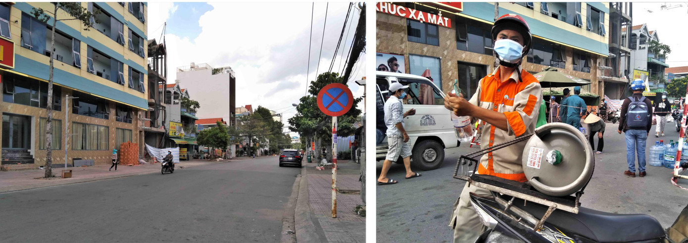 Đường Trần Trọng Cung thông thoáng trong ngày 4/8. Ảnh bên phải là một tuần trước đó. Đường Trần Trọng Cung thông thoáng trong ngày 4/8. Ảnh bên phải là một tuần trước đó.