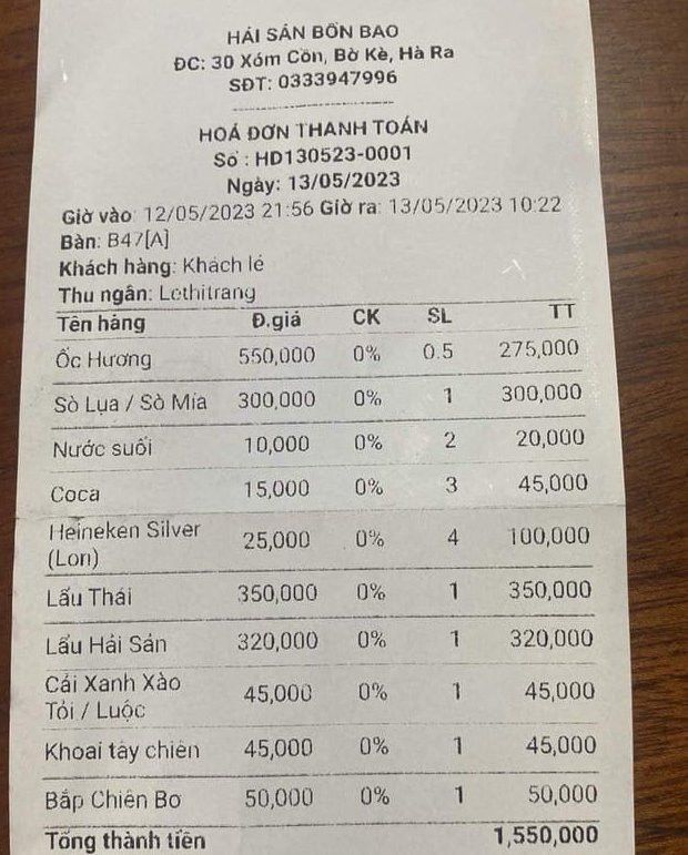 Hoá đơn nhóm du khách ăn hải sản tại nhà hàng Bốn Bao. Ảnh: L.H