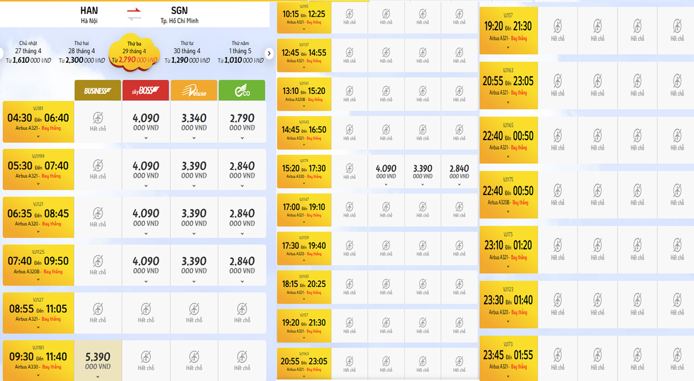 Vé máy bay chặng Hà Nội - TPHCM dịp nghỉ lễ 30/4 - 1/5 gần như đã hết sạch. Ảnh: Chụp màn hình.