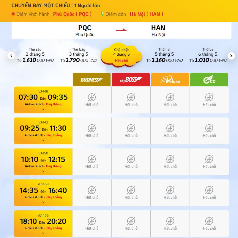 Chặng Phú Quốc - Hà Nội ngày 4/5 của Vietjet hiện đã hết vé hạng phổ thông ở tất cả các hạng vé. Ảnh: Chụp màn hình.