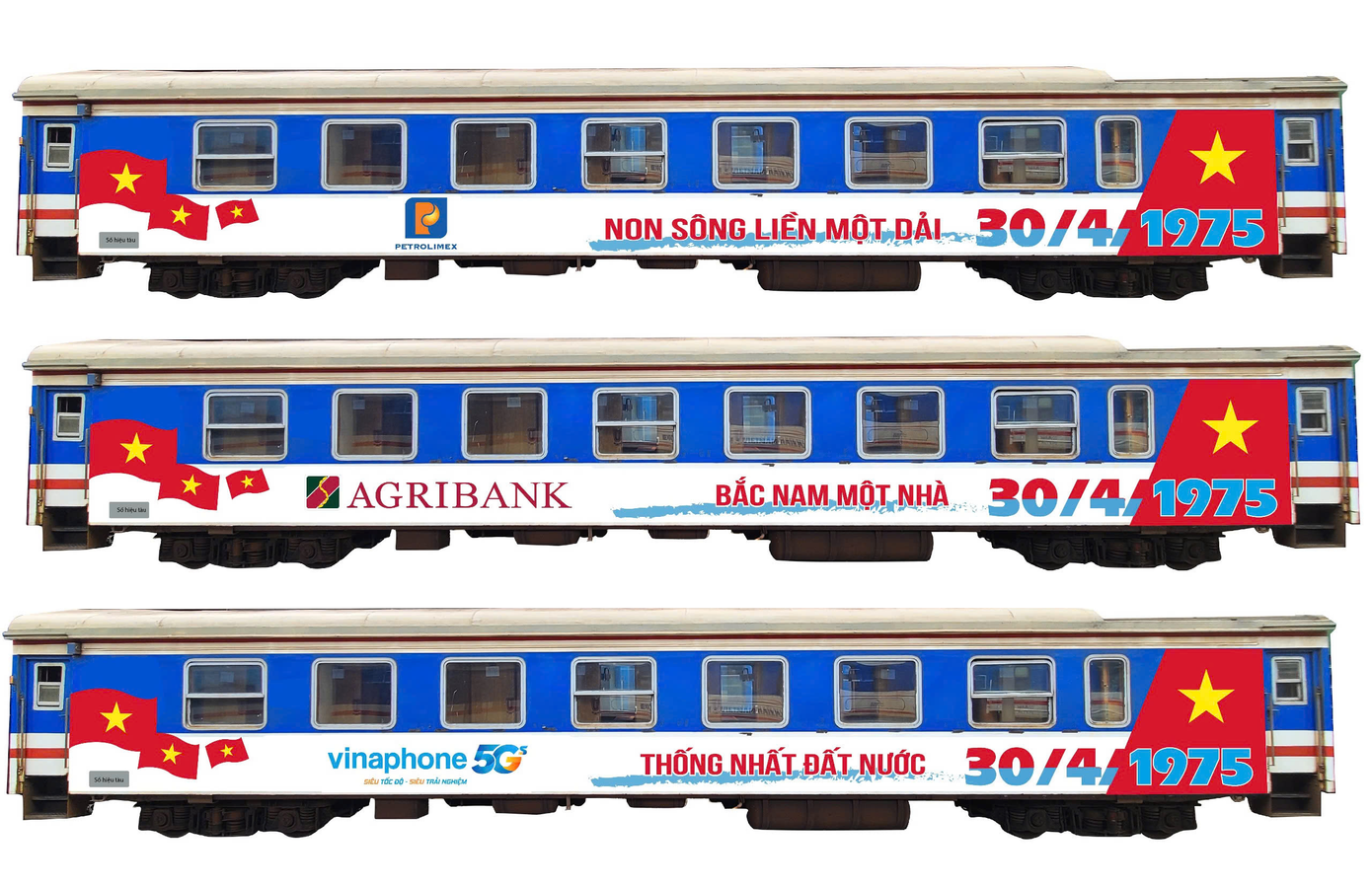 Tàu Thống Nhất được thiết kế riêng để chào mừng 50 năm giải phóng miền Nam, thống nhất đất nước. Ảnh: VNR. Tàu Thống Nhất được thiết kế riêng để chào mừng 50 năm giải phóng miền Nam, thống nhất đất nước. Ảnh: VNR.