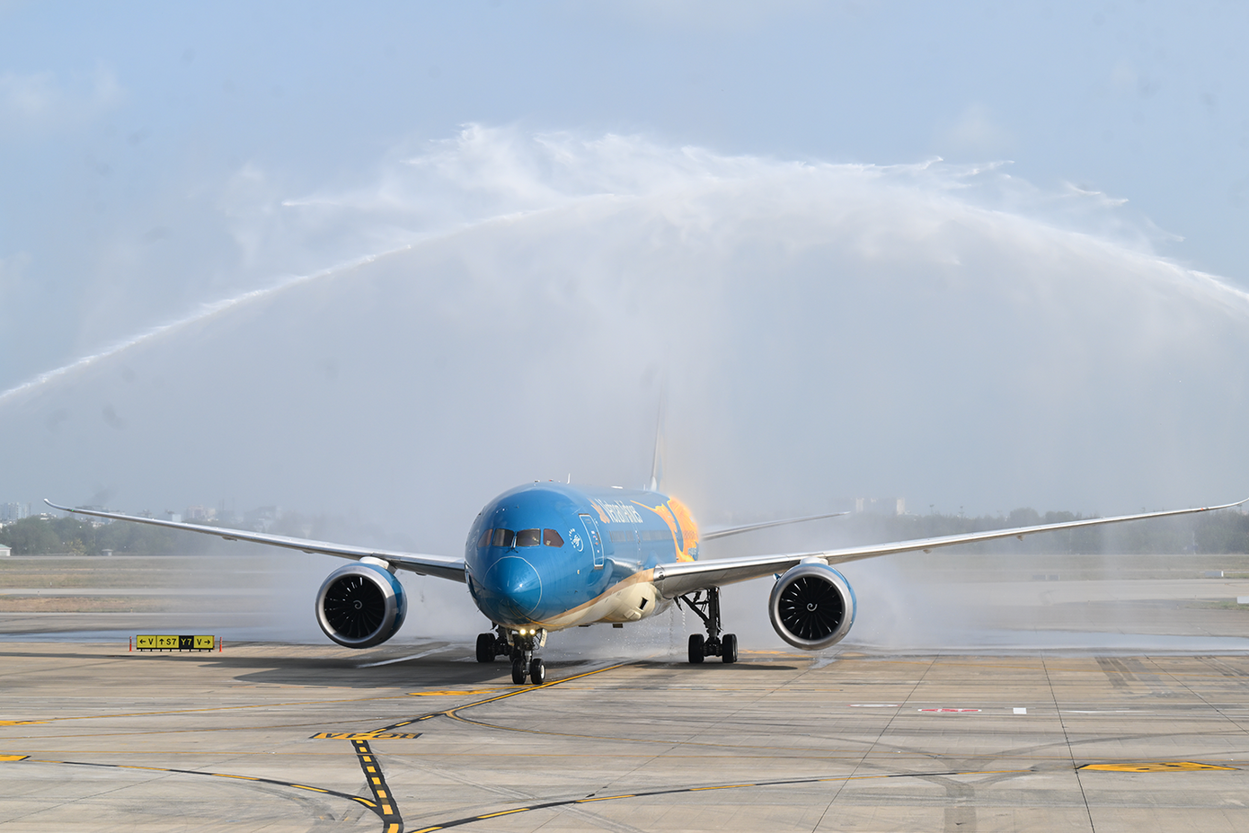 Máy bay mang hình Chim Lạc tại nhà ga T3 được chào đón trang trọng bằng nghi thức phun vòi rồng - truyền thống trong ngành hàng không dành cho những chuyến bay mang dấu mốc đặc biệt. Ảnh: VNA.