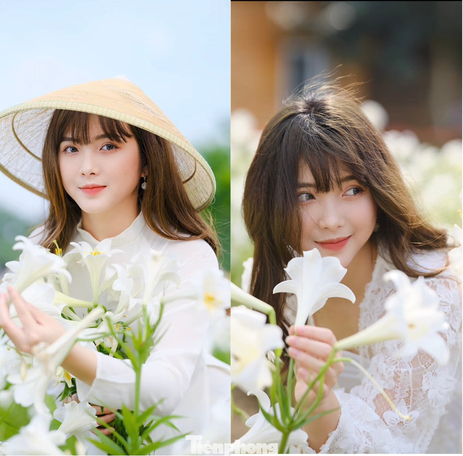 Mỗi mùa hoa đến, du khách thường tranh thủ chọn những bộ áo dài thướt tha và dịu dàng để chụp ảnh với hoa loa kèn.