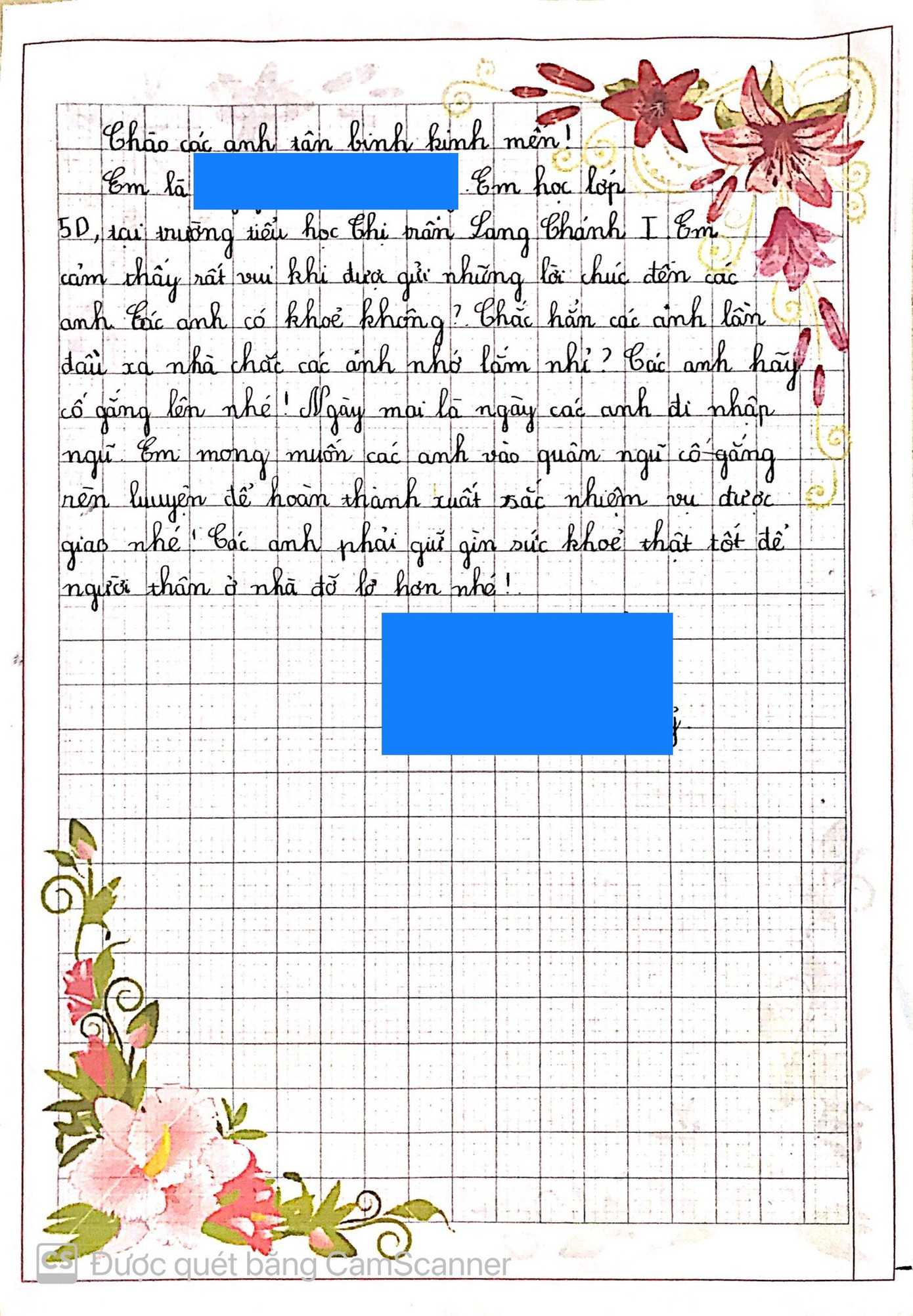 Bức thư gửi tân binh của học trò lớp 5, Trường tiểu học thị trấn Lang Chánh