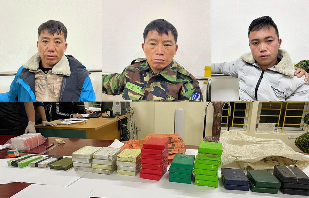 Nhóm đối tượng Quáng, Sẩu, Lữ (từ trái sang) và số ma túy thu giữ. Nhóm đối tượng Quáng, Sẩu, Lữ (từ trái sang) và số ma túy thu giữ.