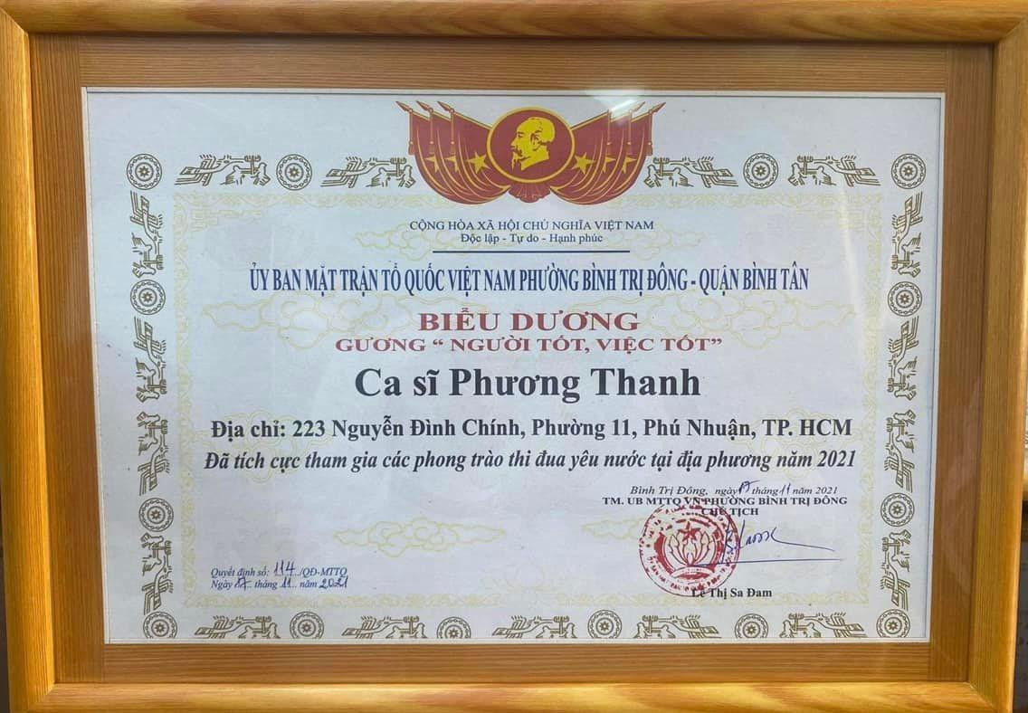 Bằng khen cho hoạt động thiện nguyện của Phương Thanh