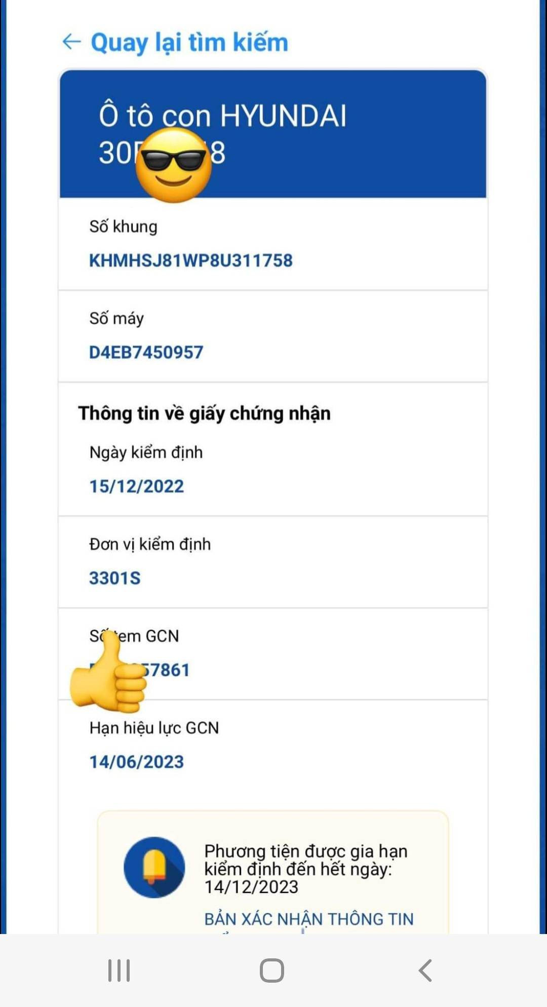 Kết quả tra cứu, cập nhật giãn chu kỳ đăng kiểm thành công.