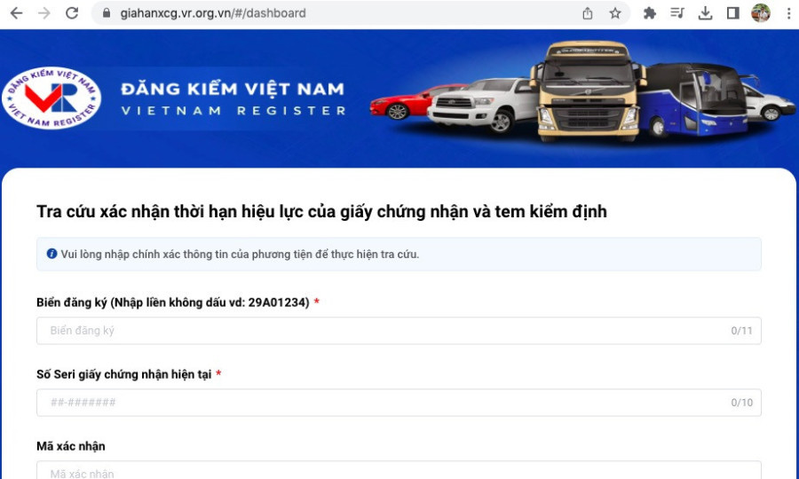 Cục Đăng kiểm Việt Nam khuyến cáo chủ xe vào trực tiếp địa chỉ: https://giahanxcg.vr.org.vn để thực hiện tra cứu. Cục Đăng kiểm Việt Nam khuyến cáo chủ xe vào trực tiếp địa chỉ: https://giahanxcg.vr.org.vn để thực hiện tra cứu.