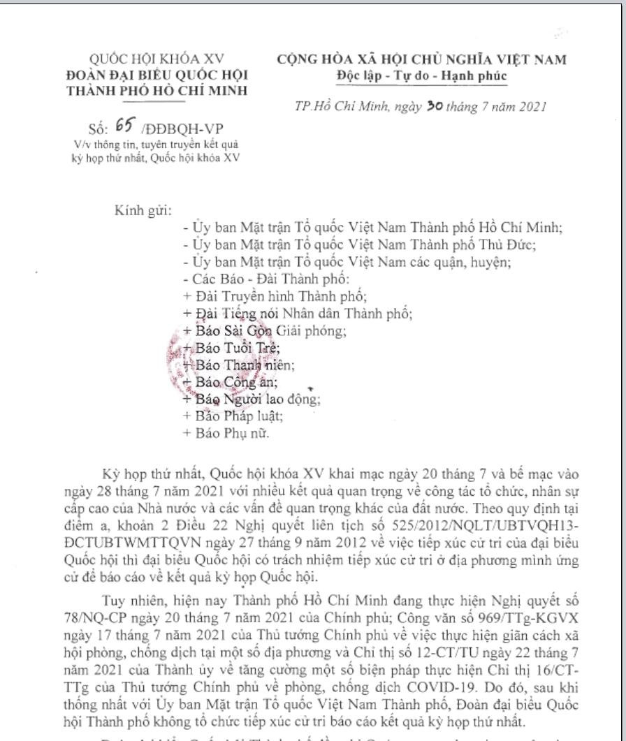 Văn bản của Đoàn Đại biểu Quốc hội TPHCM