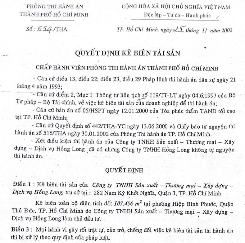 Quyết định kê biên khu đất hơn 107.000 m2 tại phường Hiệp Bình Phước, quận Thủ Đức (nay là TP Thủ Đức) để thi hành án.
