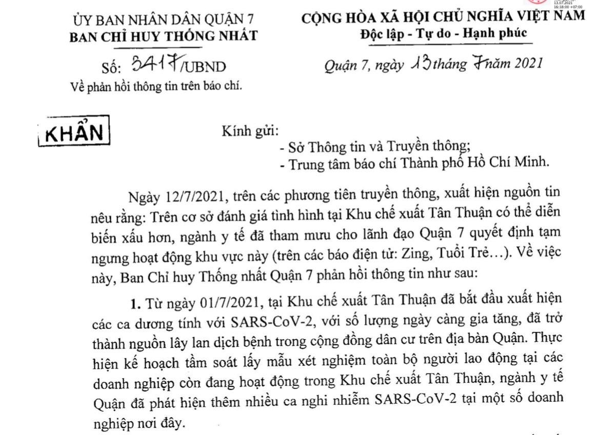Văn bản của Ban chỉ huy Thống nhất quận 7 bác bỏ thông tin khu chế xuất Tân Thuận tạm ngưng hoạt động Văn bản của Ban chỉ huy Thống nhất quận 7 bác bỏ thông tin khu chế xuất Tân Thuận tạm ngưng hoạt động
