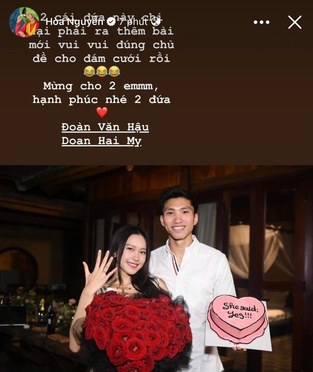 Nữ ca sĩ tiết lộ sẽ ra bài mới để hát trong đám cưới của Đoàn Văn Hậu. Nữ ca sĩ tiết lộ sẽ ra bài mới để hát trong đám cưới của Đoàn Văn Hậu.