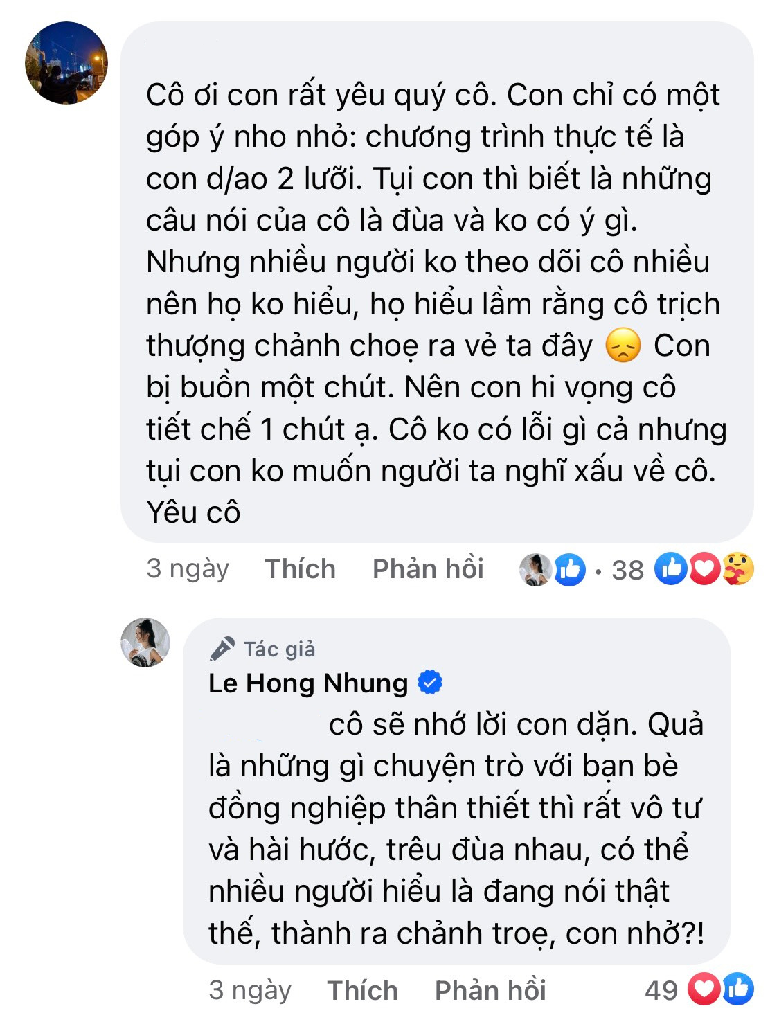 Hồng Nhung trả lời bình luận của fan, hứa sẽ ghi nhớ những lời này. Hồng Nhung trả lời bình luận của fan, hứa sẽ ghi nhớ những lời này.