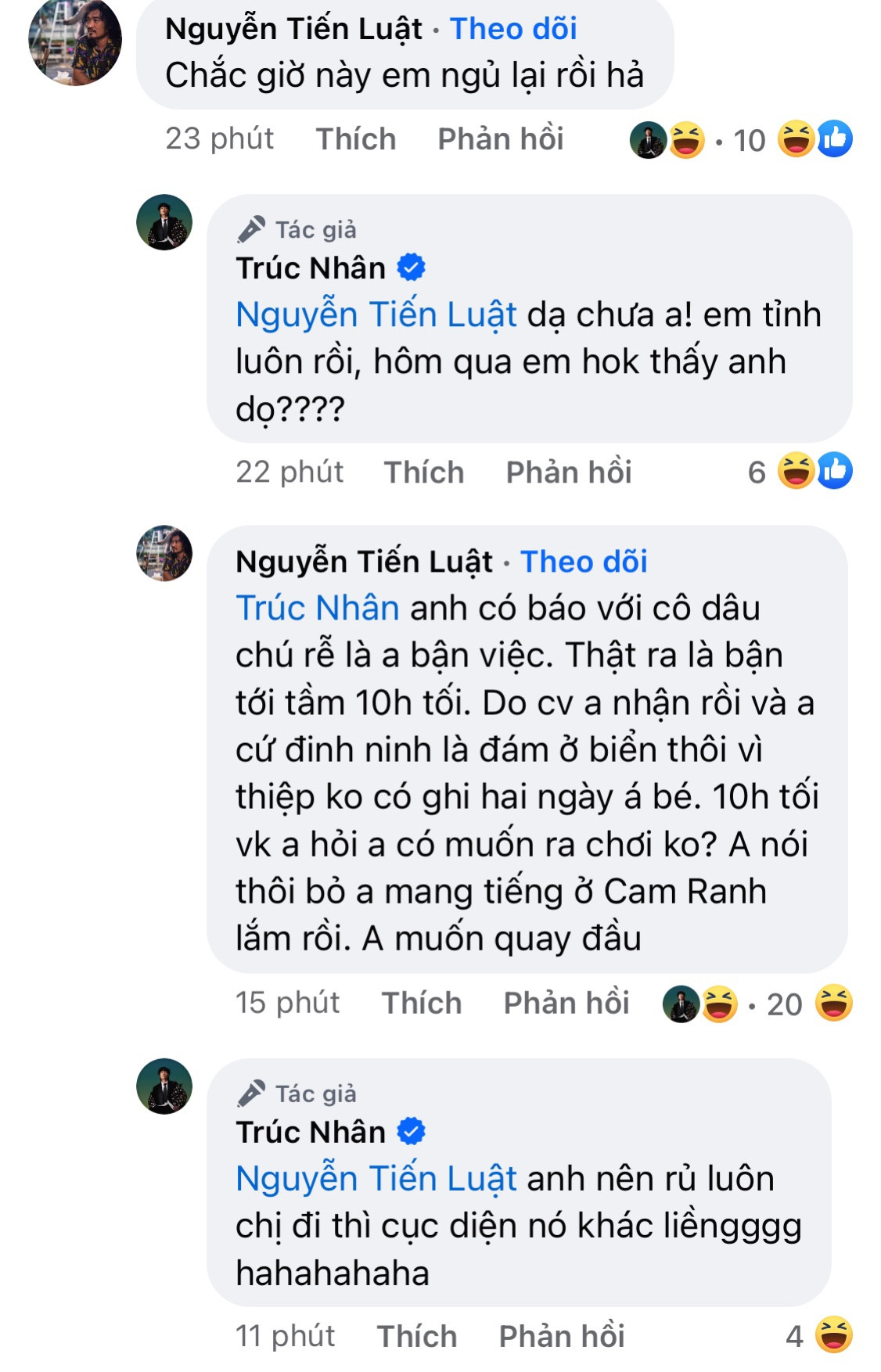 Tiến Luật bị đàn em "điểm danh" vì vắng mặt vào tối qua. Tiến Luật bị đàn em "điểm danh" vì vắng mặt vào tối qua.