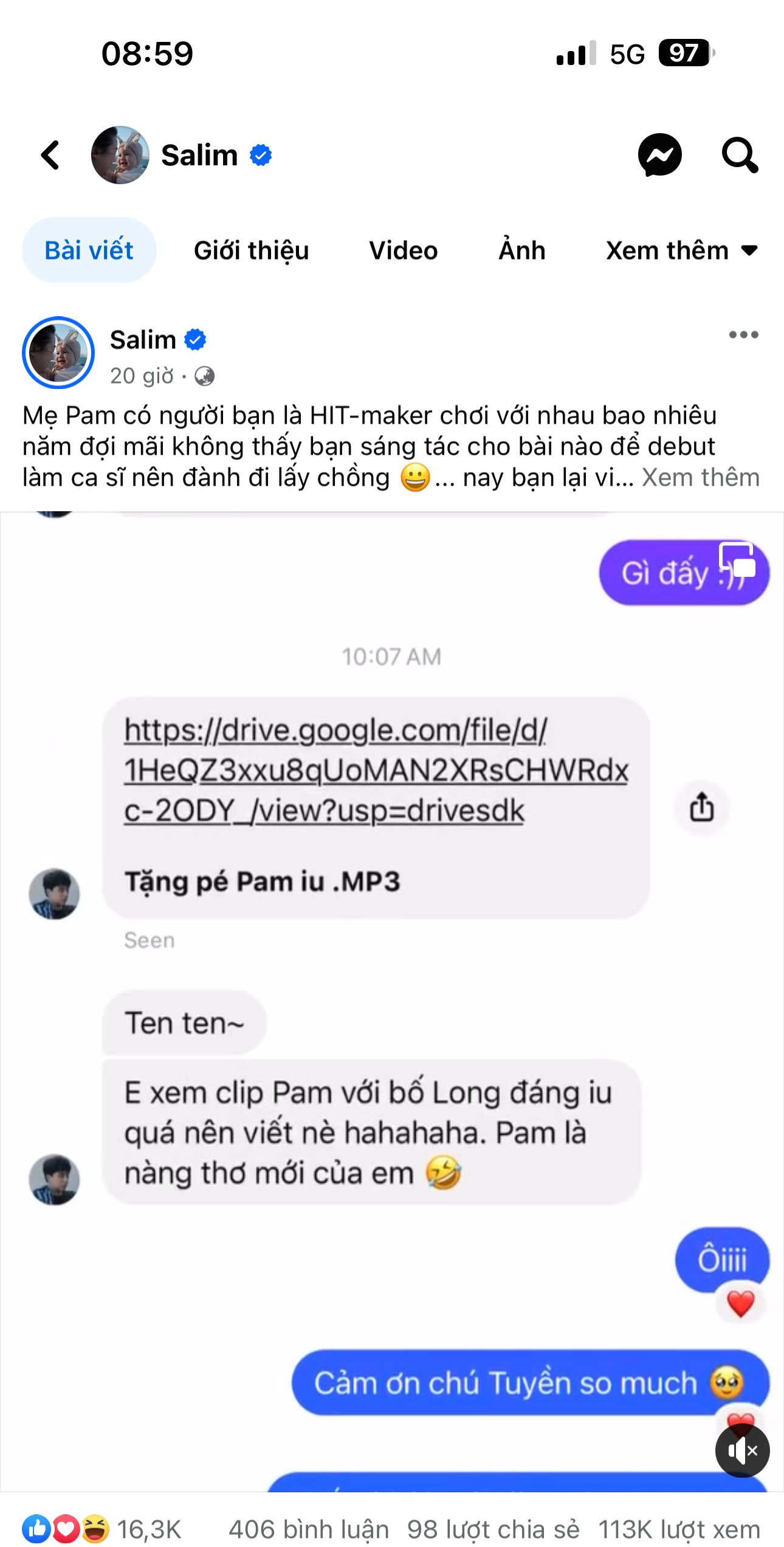 Salim dỗi bạn thân khi tặng bài hát mới cho con gái Pam trong khi mẹ vẫn chưa có. Salim dỗi bạn thân khi tặng bài hát mới cho con gái Pam trong khi mẹ vẫn chưa có.