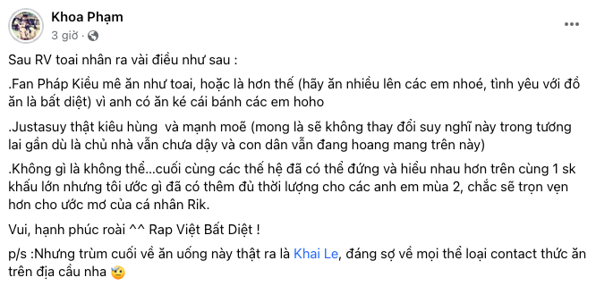 Từ việc fan Pháp Kiều mê ăn đến việc Justatee “mạnh moẽ” đều được Karik hài hước chia sẻ. Từ việc fan Pháp Kiều mê ăn đến việc Justatee “mạnh moẽ” đều được Karik hài hước chia sẻ.
