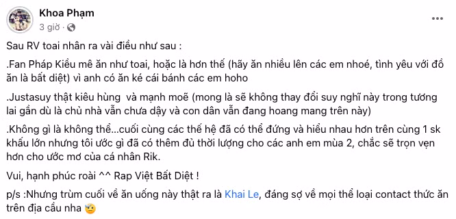 Từ việc fan Pháp Kiều mê ăn đến việc Justatee “mạnh moẽ” đều được Karik hài hước chia sẻ.