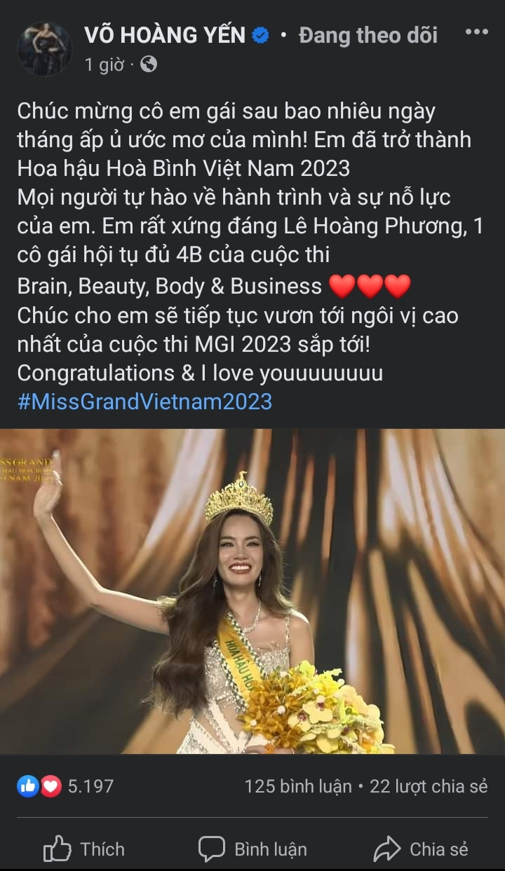 Siêu mẫu Võ Hoàng Yến - “đàn chị” thân thiết của Tân Hoa hậu cũng nhanh chóng đăng bài chia vui cùng Hoàng Phương.