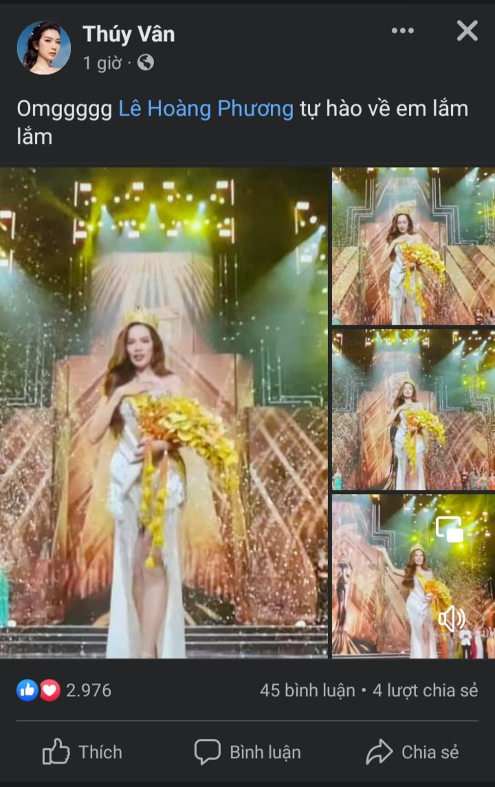 Không còn hoạt động nhiều trong showbiz Việt, nhưng Á hậu Thúy Vân vẫn theo dõi và chia sẻ niềm tự hào về hoa hậu Lê Hoàng Phương.