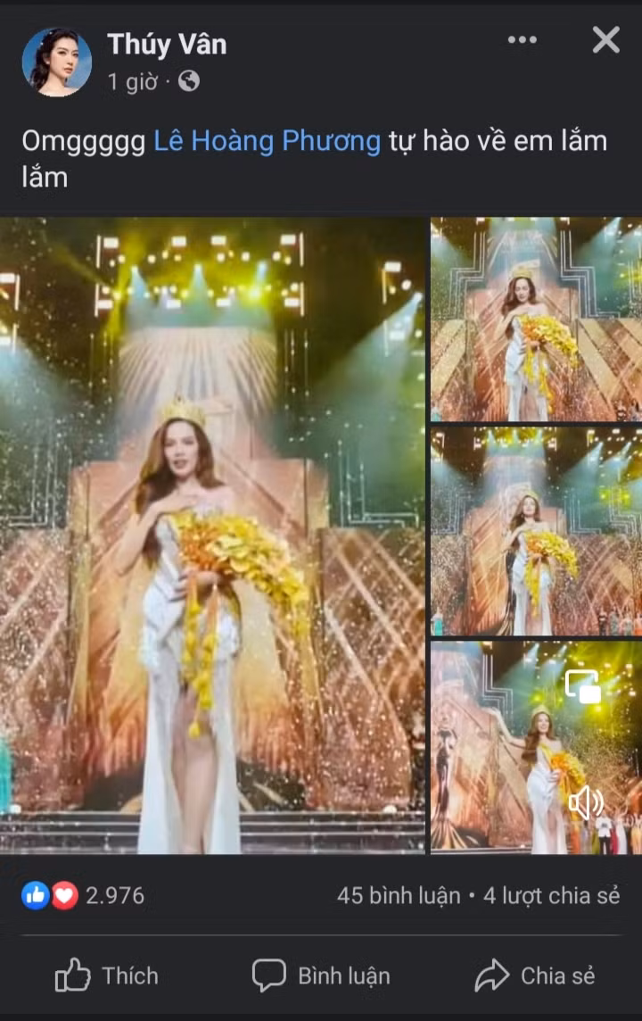 Không còn hoạt động nhiều trong showbiz Việt, nhưng Á hậu Thúy Vân vẫn theo dõi và chia sẻ niềm tự hào về hoa hậu Lê Hoàng Phương.