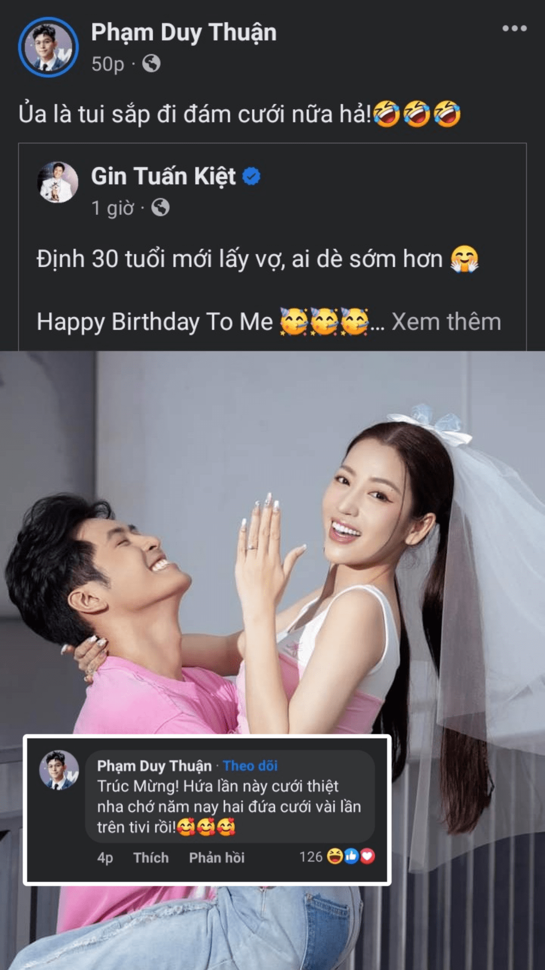 Jun Phạm cũng có màn chúc phúc dành cho cặp đôi và mong là lần này Gin Tuấn Kiệt - Puka sẽ cưới thiệt chứ không còn là diễn xuất. Jun Phạm cũng có màn chúc phúc dành cho cặp đôi và mong là lần này Gin Tuấn Kiệt - Puka sẽ cưới thiệt chứ không còn là diễn xuất.