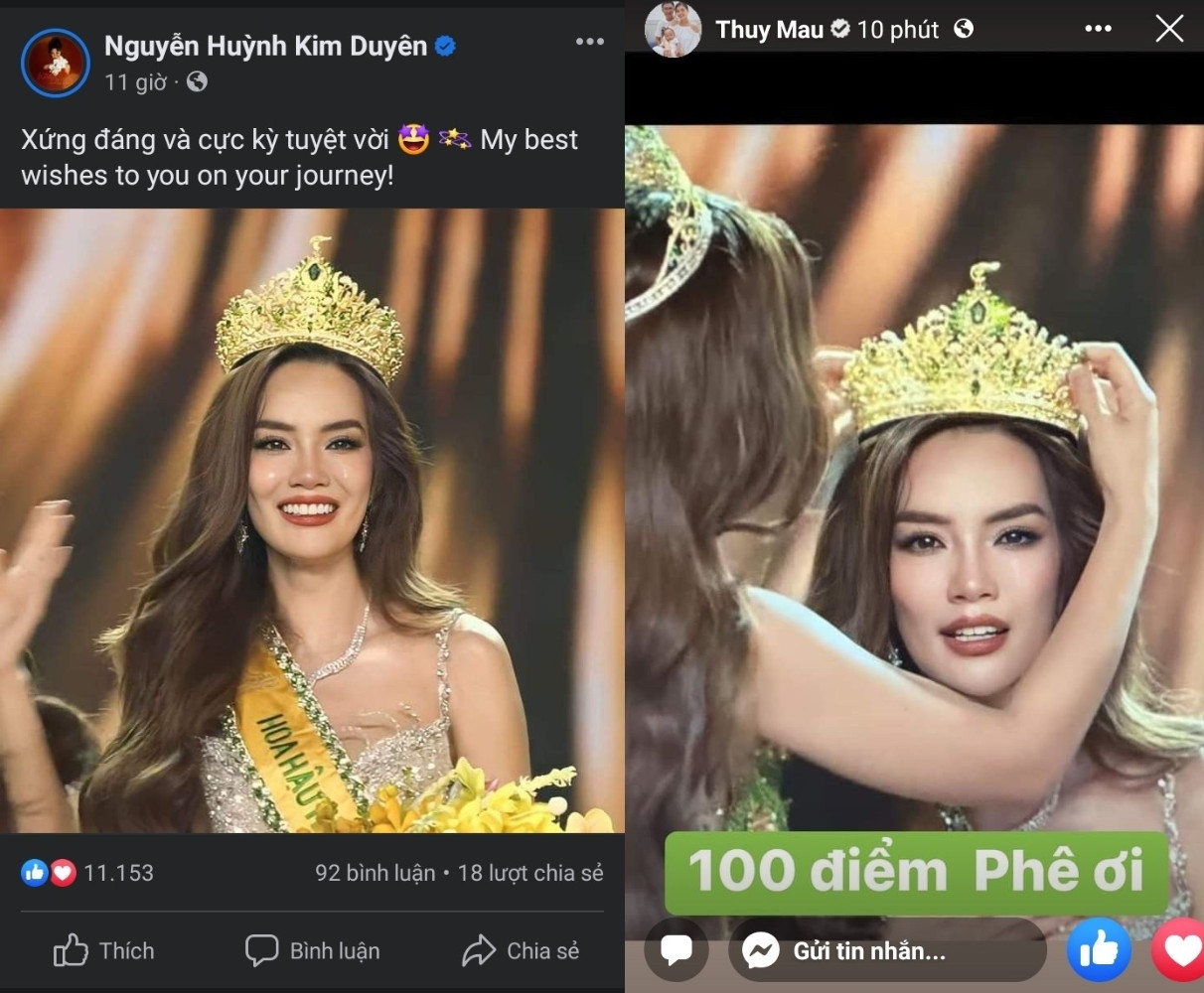 Á hậu Kim Duyên - Á hậu Mâu Thủy chúc mừng Hoàng Phương đã đạt được kết quả xứng đáng sau 4 năm nỗ lực.